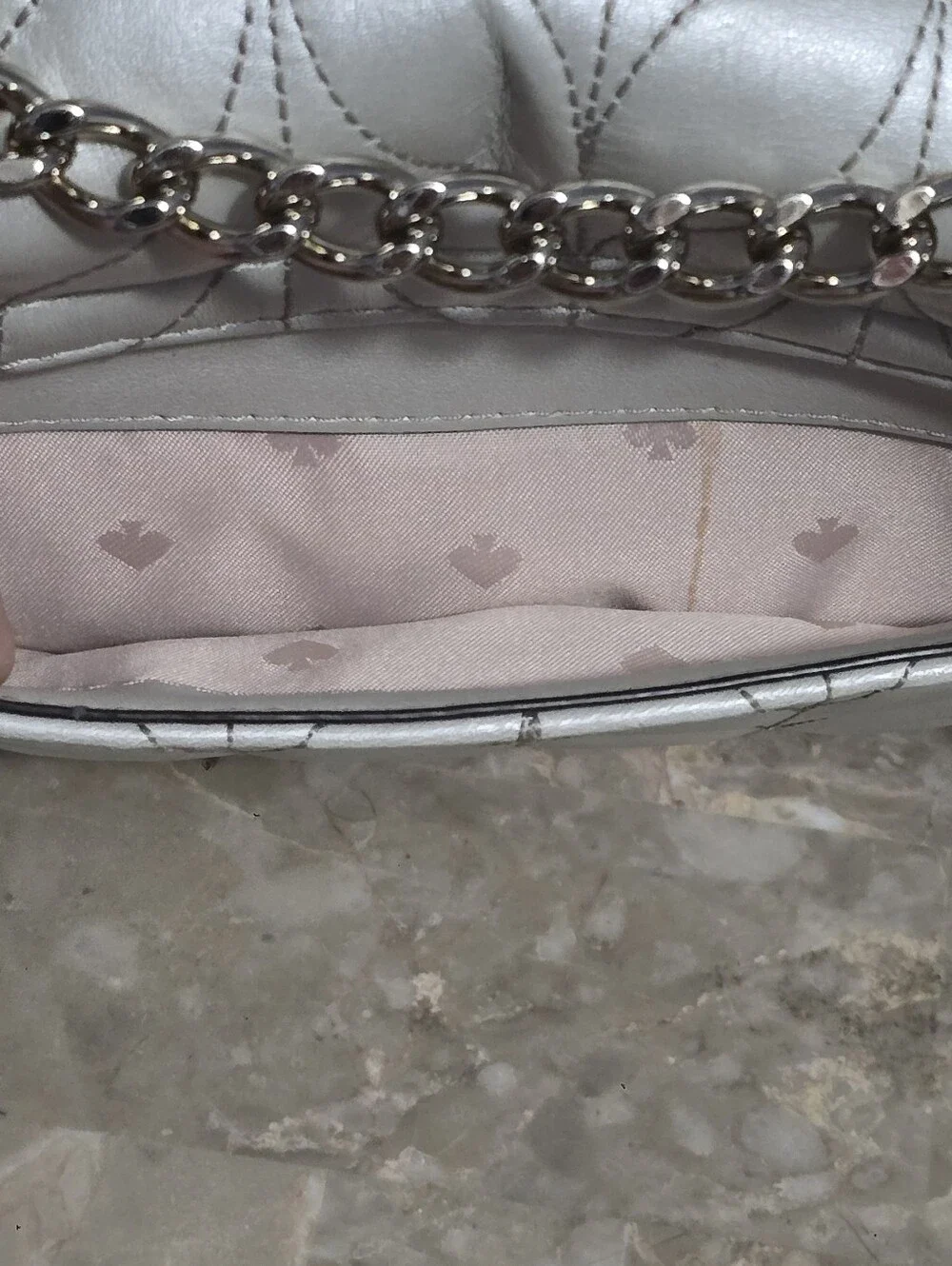 Kate Spade Briar Lane Emelyn Pearl Silver Quilted Leather Chain Crossbody